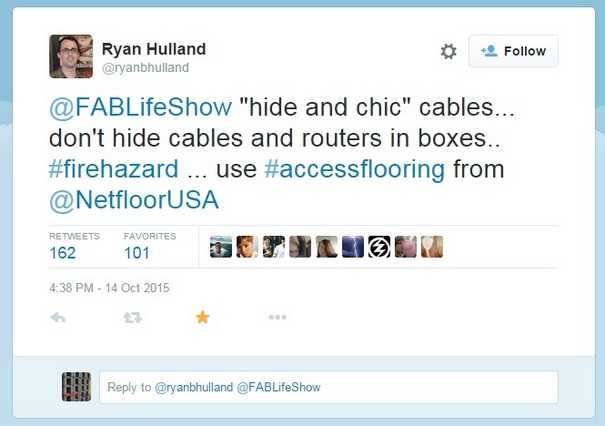 "Fab Life" Show Dangerous Methods of Cable Management - Tweet Screenshot